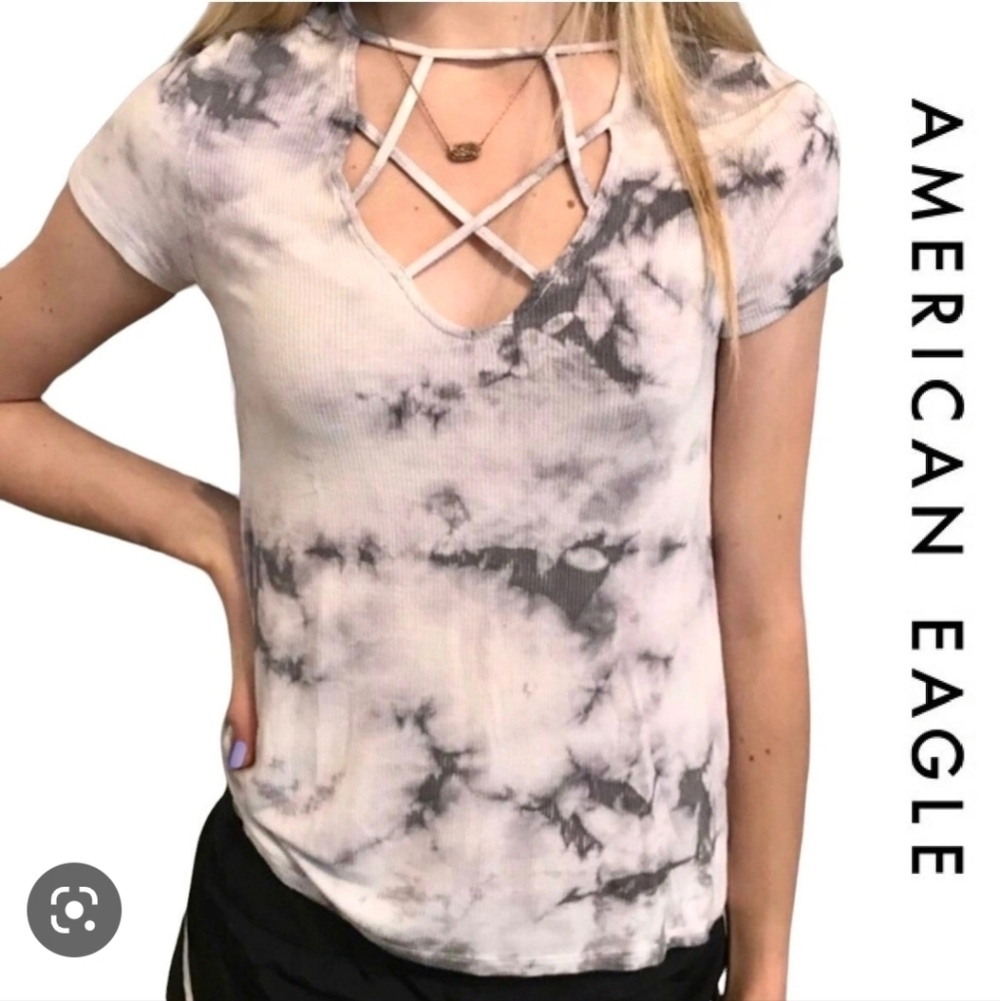 American Eagle Soft & Sexy Ribbed Black White Tie-Dye T-Shirt Strappy y2l 2000s - Picture 2 of 8